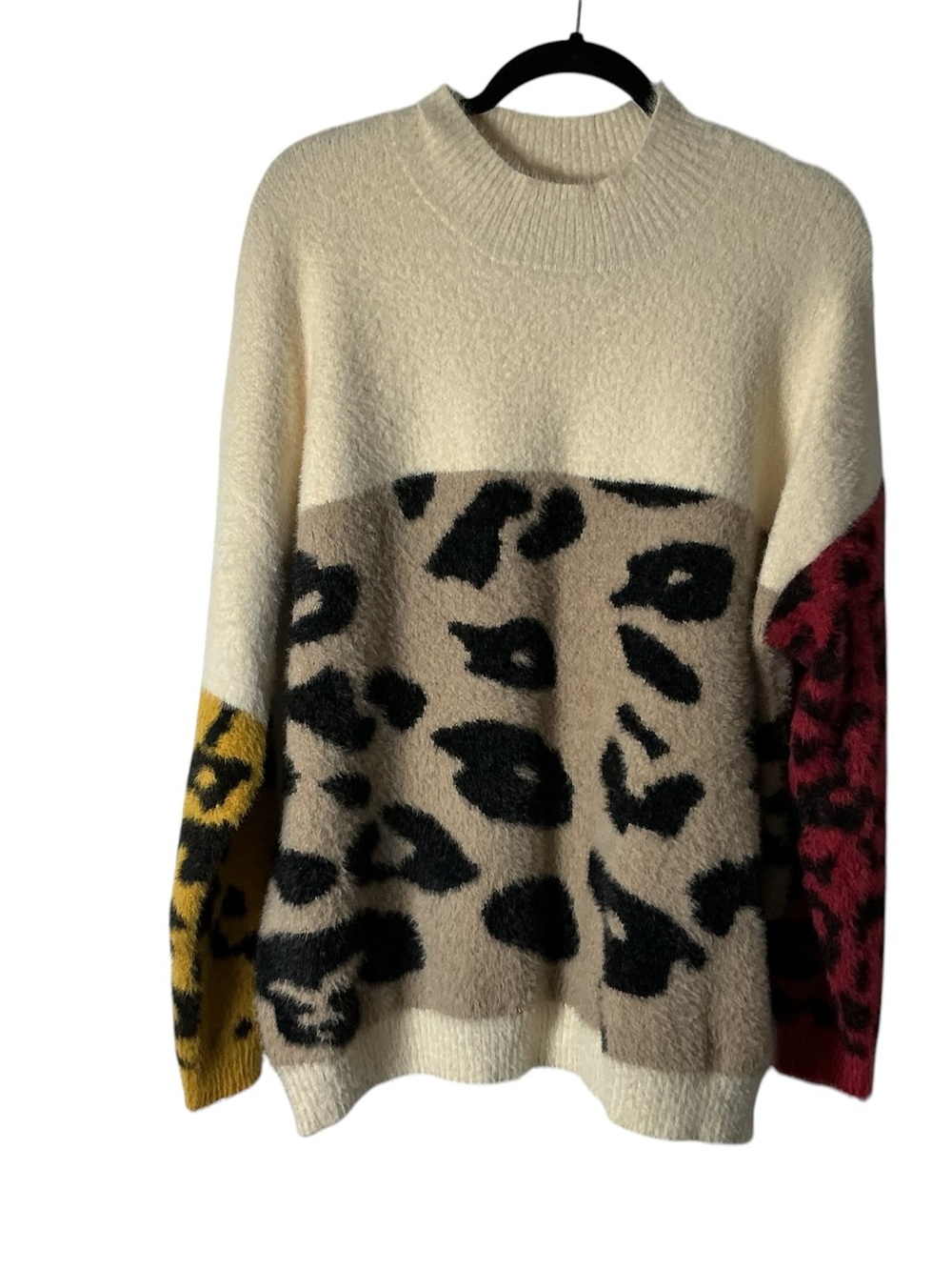 Coco Carmen Eyelash Knit Sweater Women L/XL Leopard Colorblock Mock Neck pullove - Picture 3 of 10